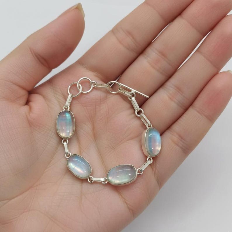 Rainbow Moonstone Link Bracelet for Women, Oval Cabochon Flashy Gemstones