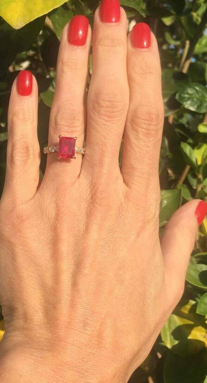 Emerald Cut Simulated Pink Ruby Gorgeous Engagement Ring 14K Yellow Gold Plated