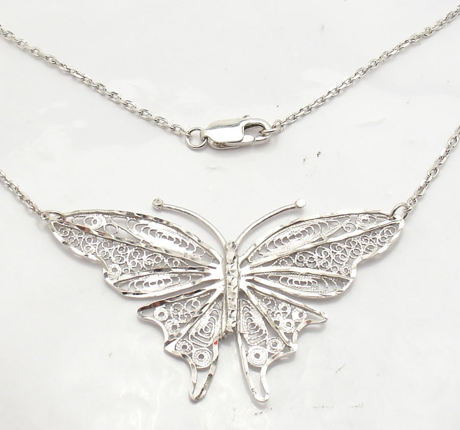 Anti-Tarnish Bold 3D Filigree Butterfly Pendant Cable Chain 925 Sterling Silver