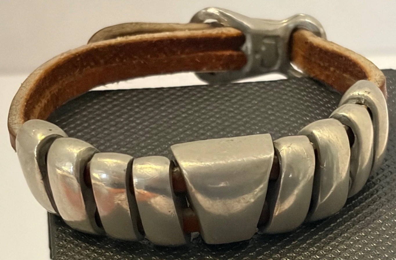 Mens Leather Bracelet Metal Beads Rustic Adjustable Artisan Brown Silver Tone