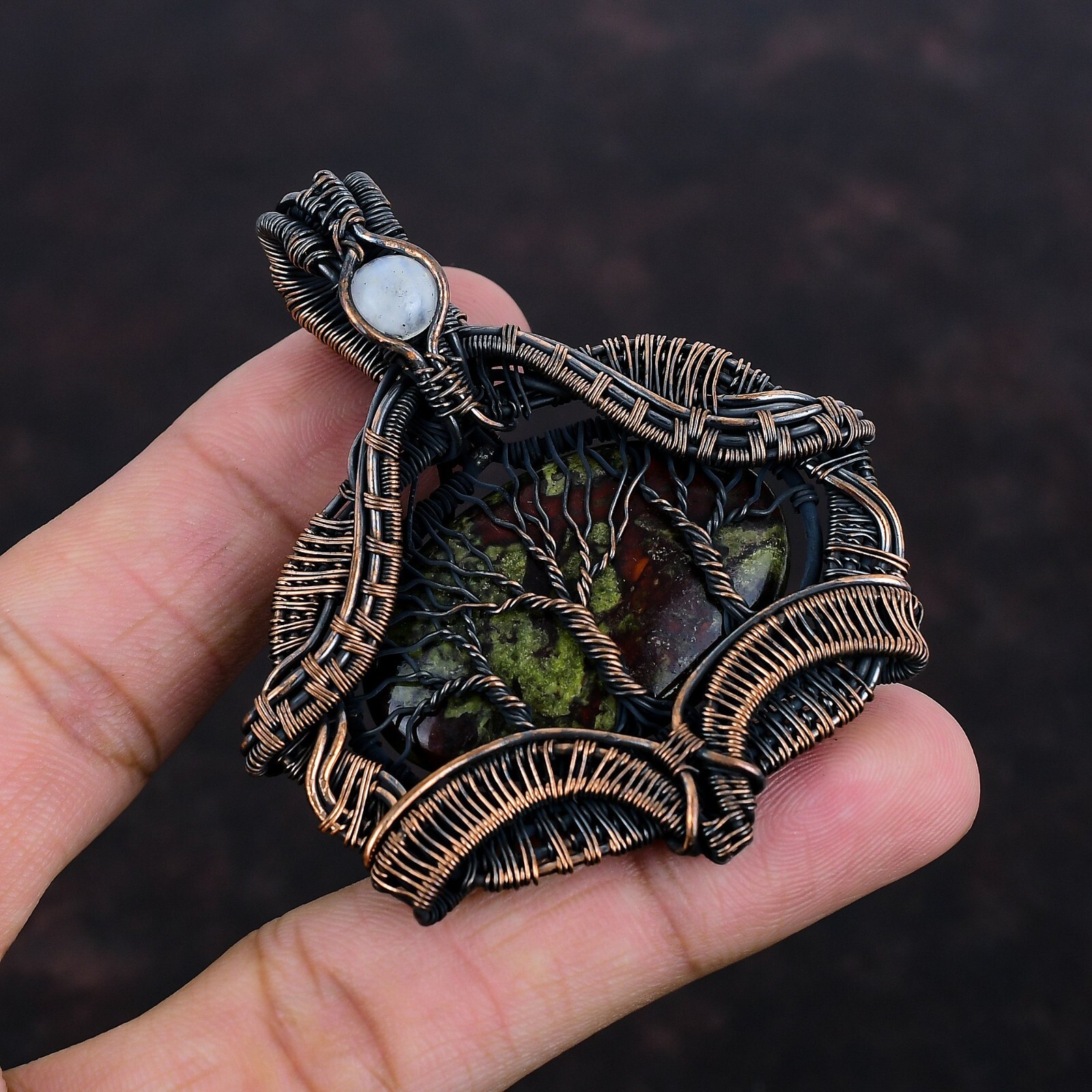 Valentines Sale Dragon Bloodstone Stone Rainbow Moonstone Copper Pendant Jewelry