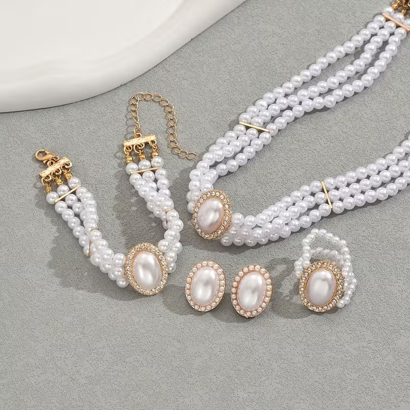 White Pearl Jewellery Set Necklace Bracelet Earrings Bridal Wedding Women Gift
