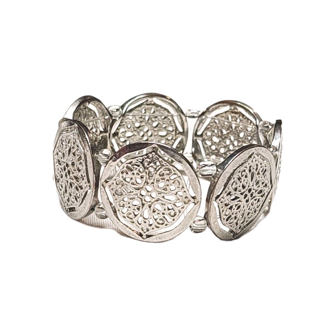 Silver Tone Filigree Round Coin Medallion Stretch Cuff Bangle Bracelet 7″ Boho