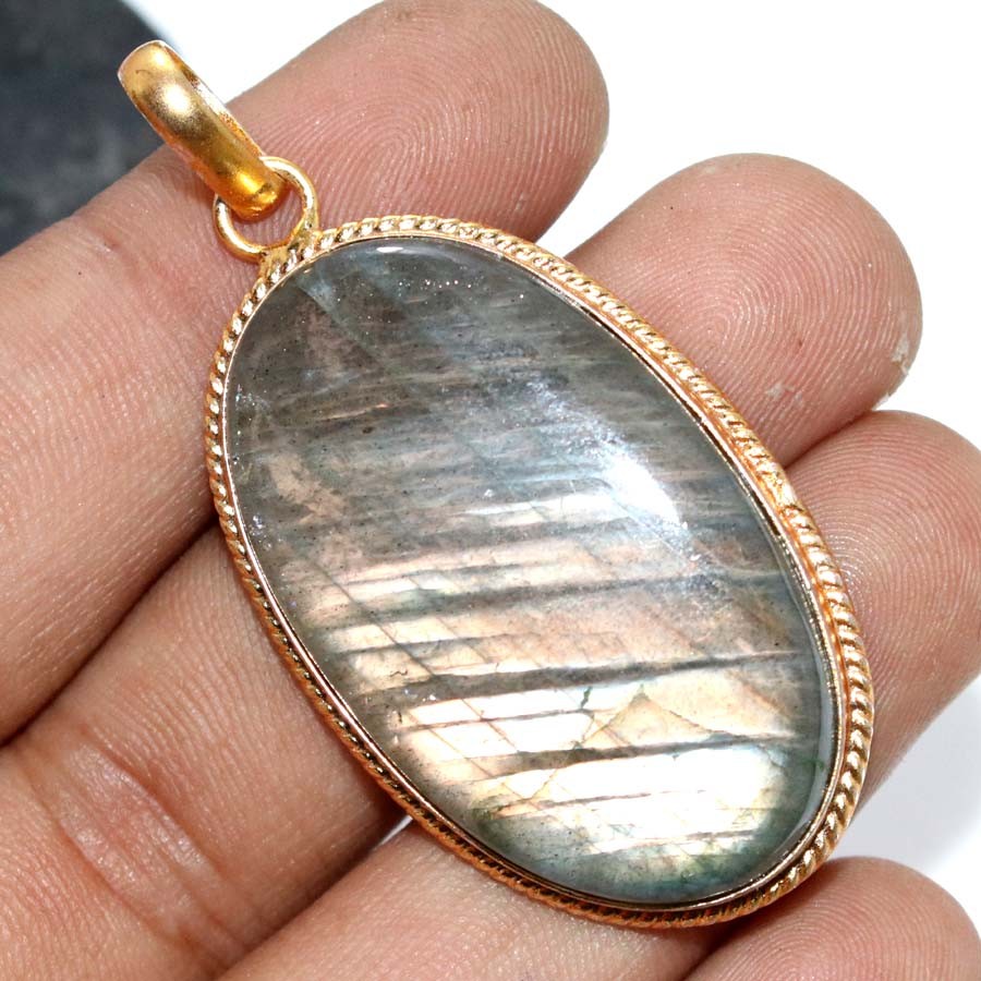 Fiery Labradorite Golden Plated Pendant 2.3″ Handmade Gemstone Jewelry Trendy JW