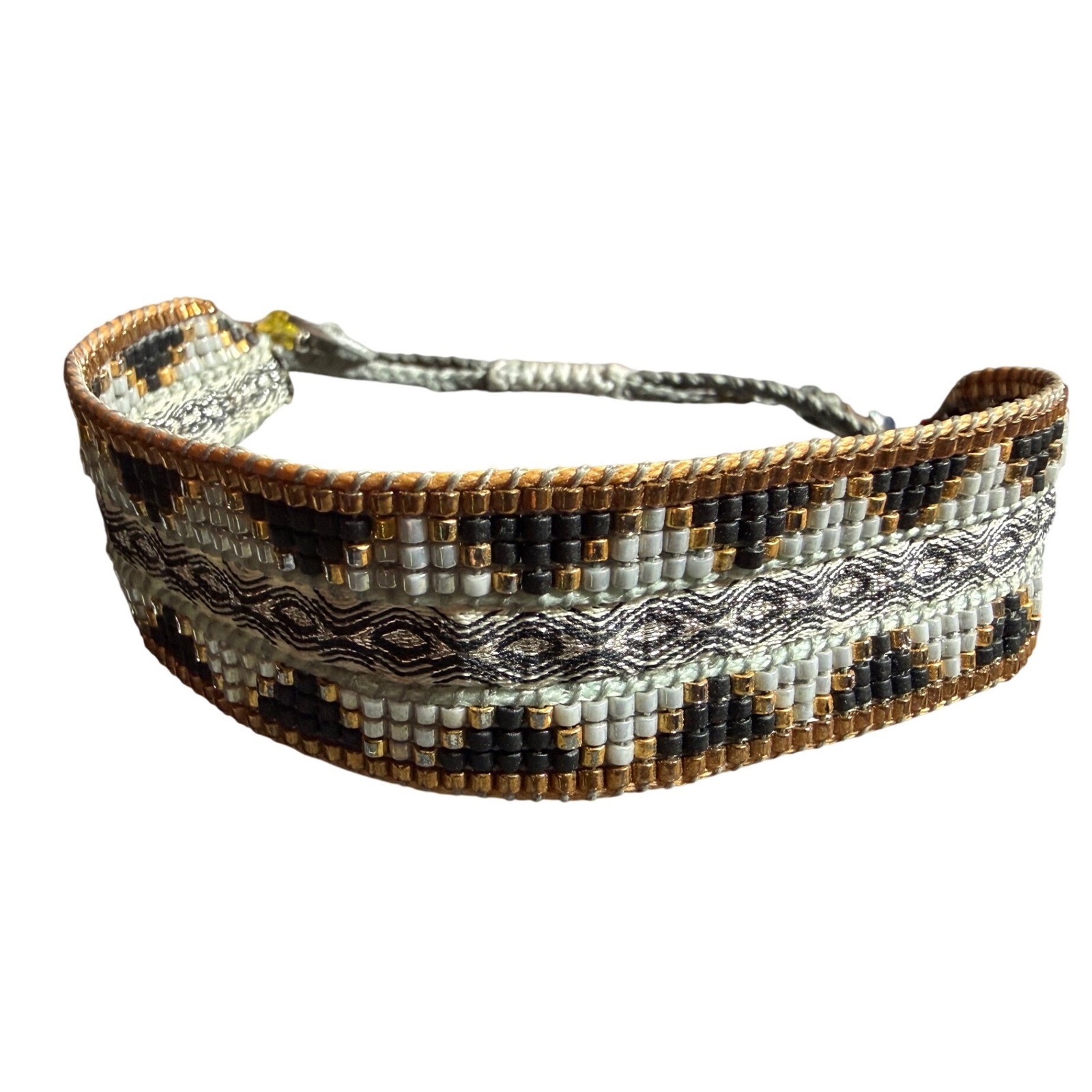 Mishky Woven Beaded Bracelet Gold Black White Adjustable Boho Artisan