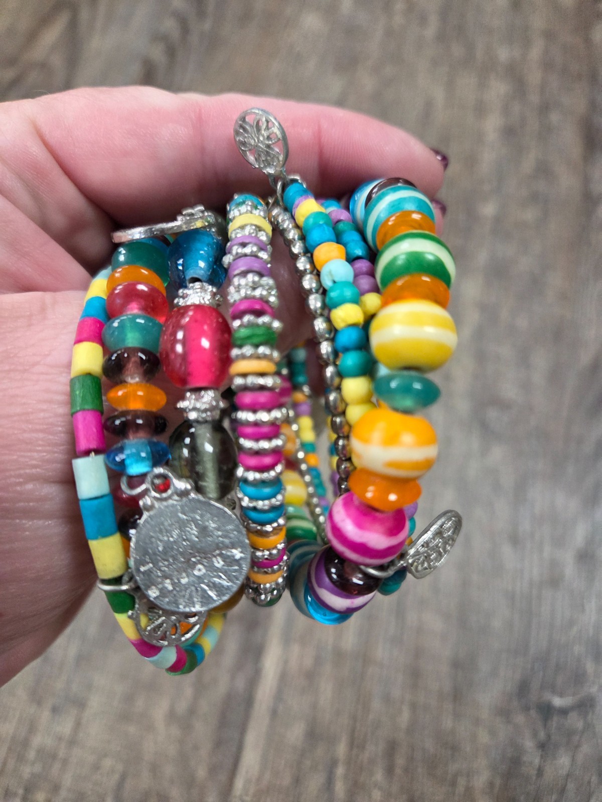 Bijoux Bright Colored Beaded Chunky Pink Blue Yellow Teal Wrap Bracelet Charms