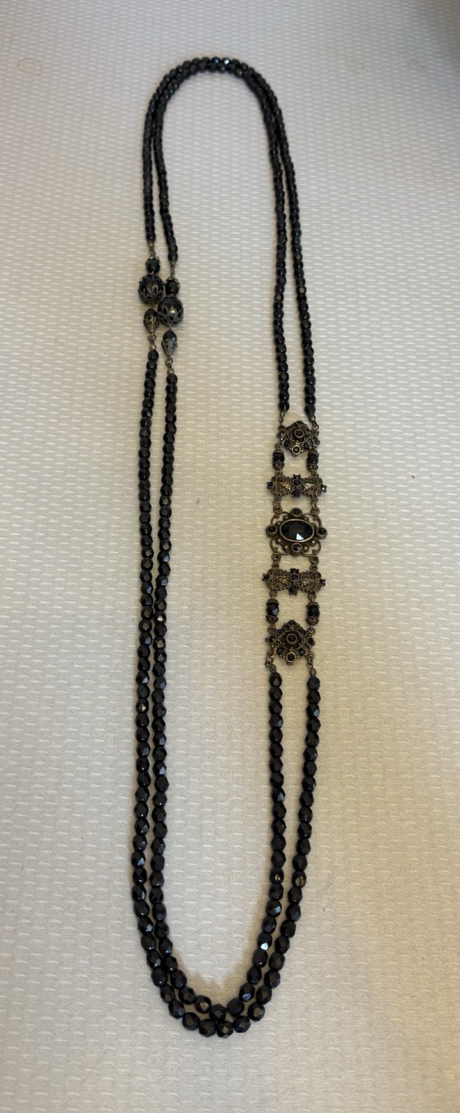 Vintage SWEET ROMANCE USA Victorian Revival Black Glass Bead Brass Necklace 42”