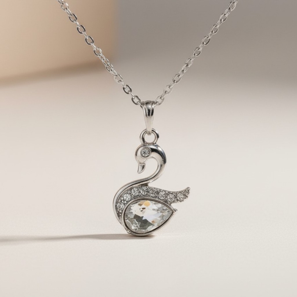 Swan Shaped Pendant with Silvery Inlaid Colorful Teardrop Crystal Necklace