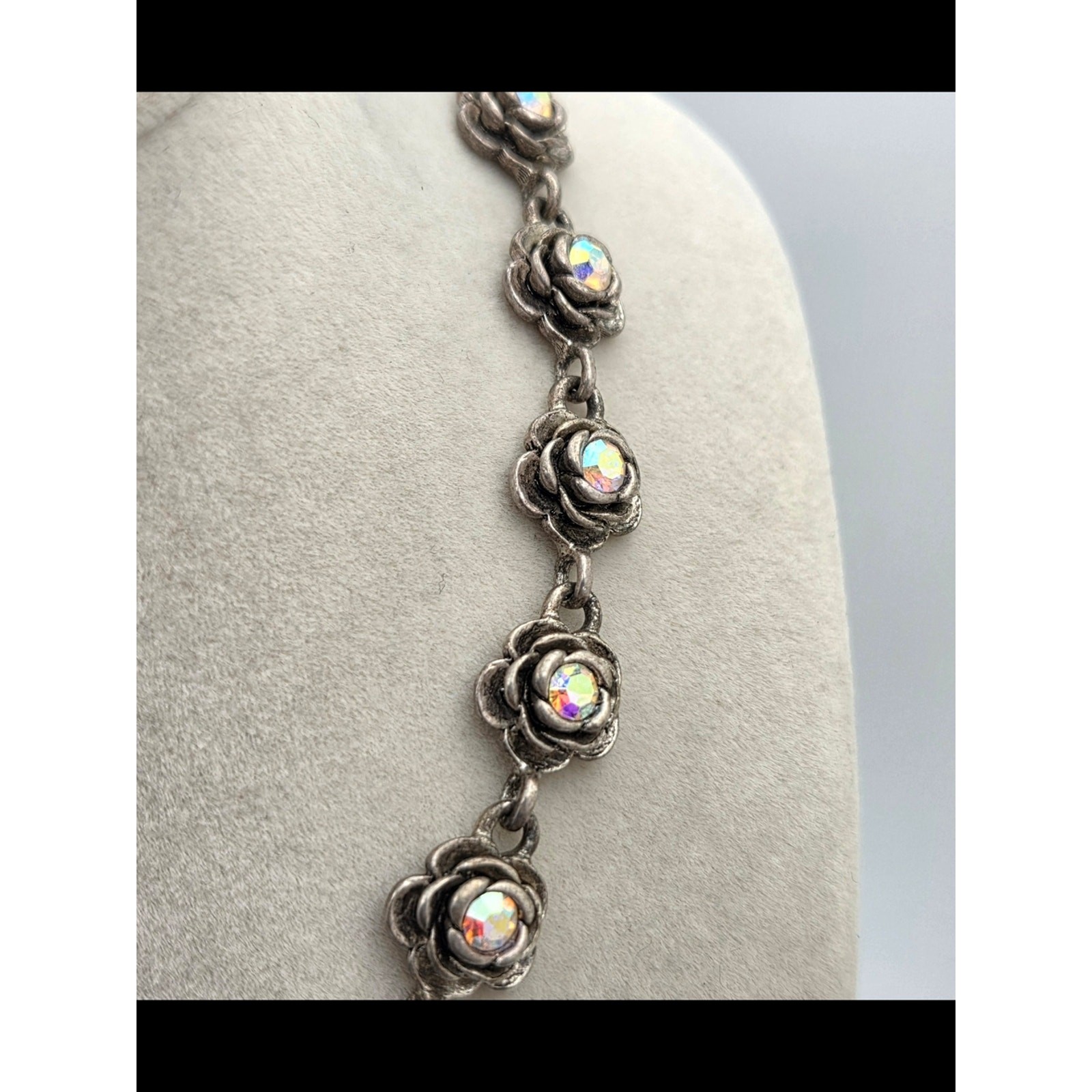 Premier Designs Antiqued Silvertone Rose Link Necklace AB Rhinestones 18″