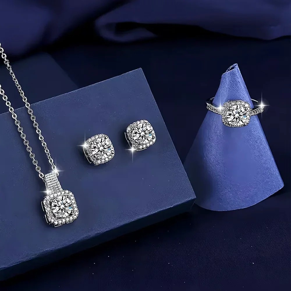 Share 3PCS CZ Stone Jewelry Set Necklace Earrings Ring Silver Tone Women Gift
