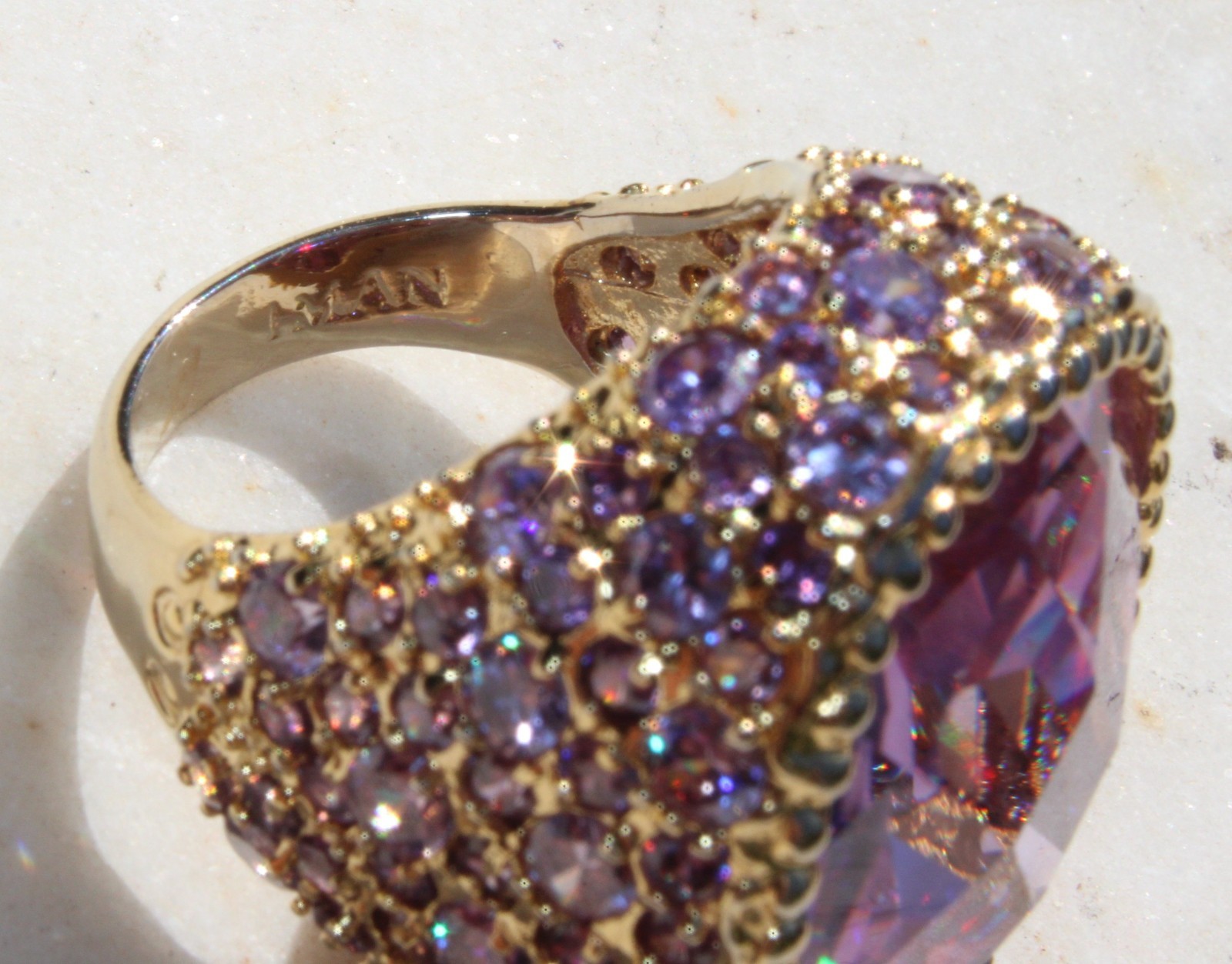 HSN IMAN Global Chic Brilliant Pink & Multi Purple Stones Knock Out Ring Size 7