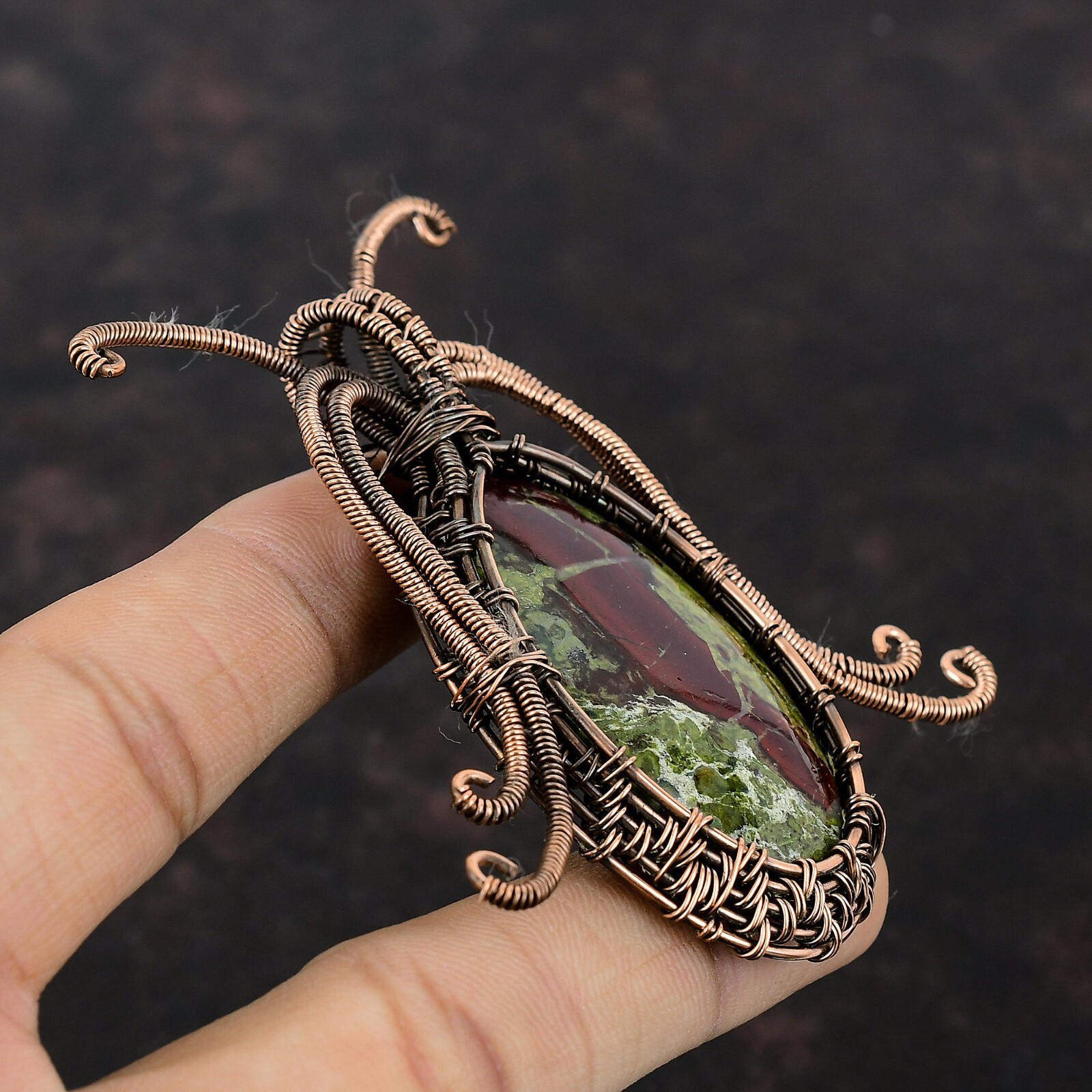 Dragon Bloodstone Wire Wrapped Pendant Handcrafted Copper Valentine Gift 2.99″
