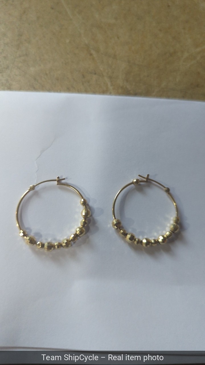 14k Yellow Gold Beaded Hoop Earrings Faceted Texture High Polish G2U
