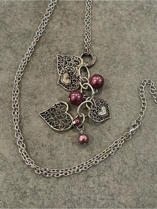 Filigree Heart Pendant Necklace Purple Beads Silver Tone Chain 30-32 Inch Womens
