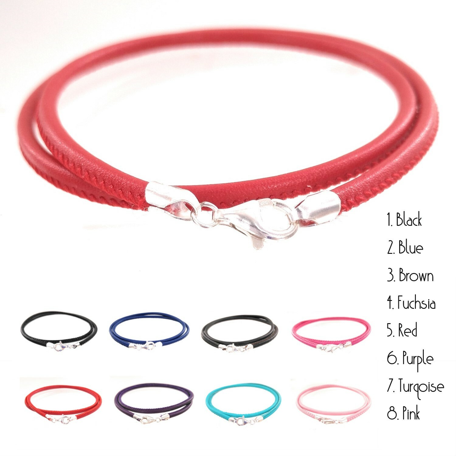 3mm Stitched Leather Cord Necklace Choker with Sterling Silver Clasp