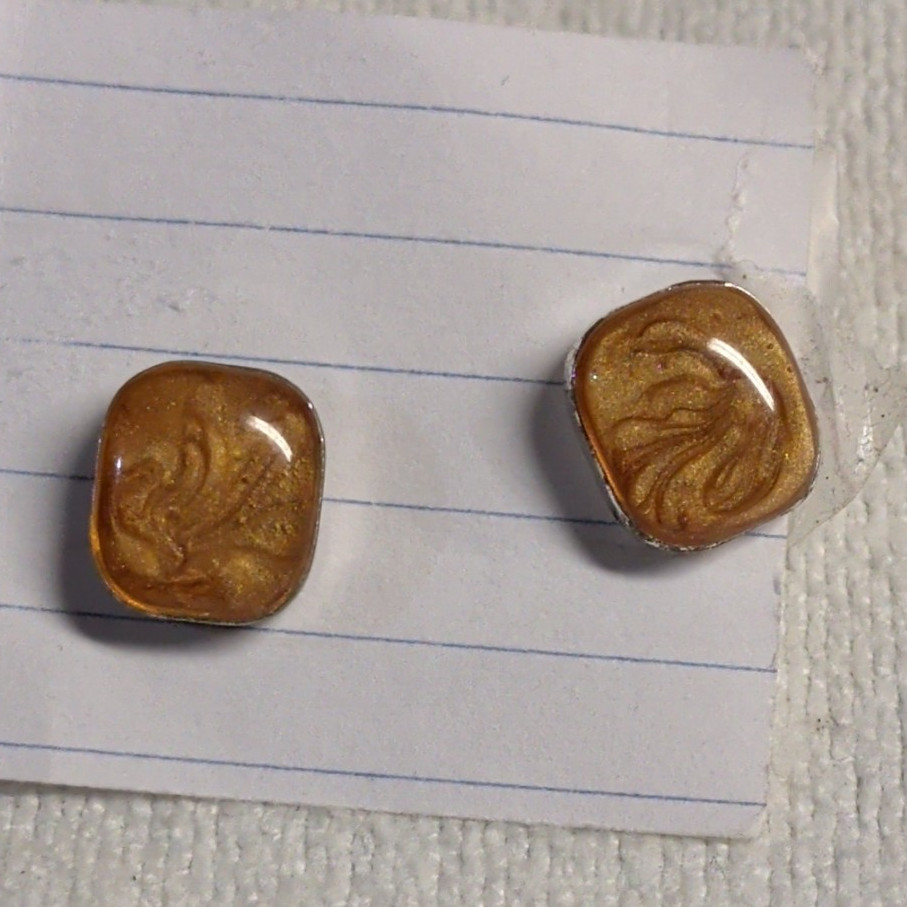 Gold Tone Square Swirl Stud Earrings, Butterfly Back, Nickel-Free, No Stone