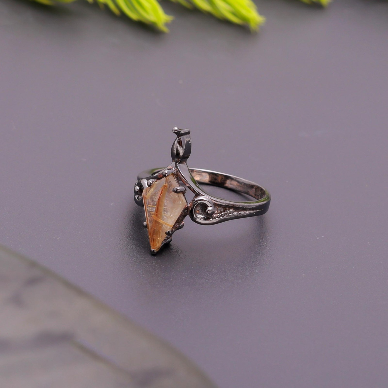 Golden Rutile Kite Ring Black Oxidized 925 Sterling Silver Jewelry For Lovers