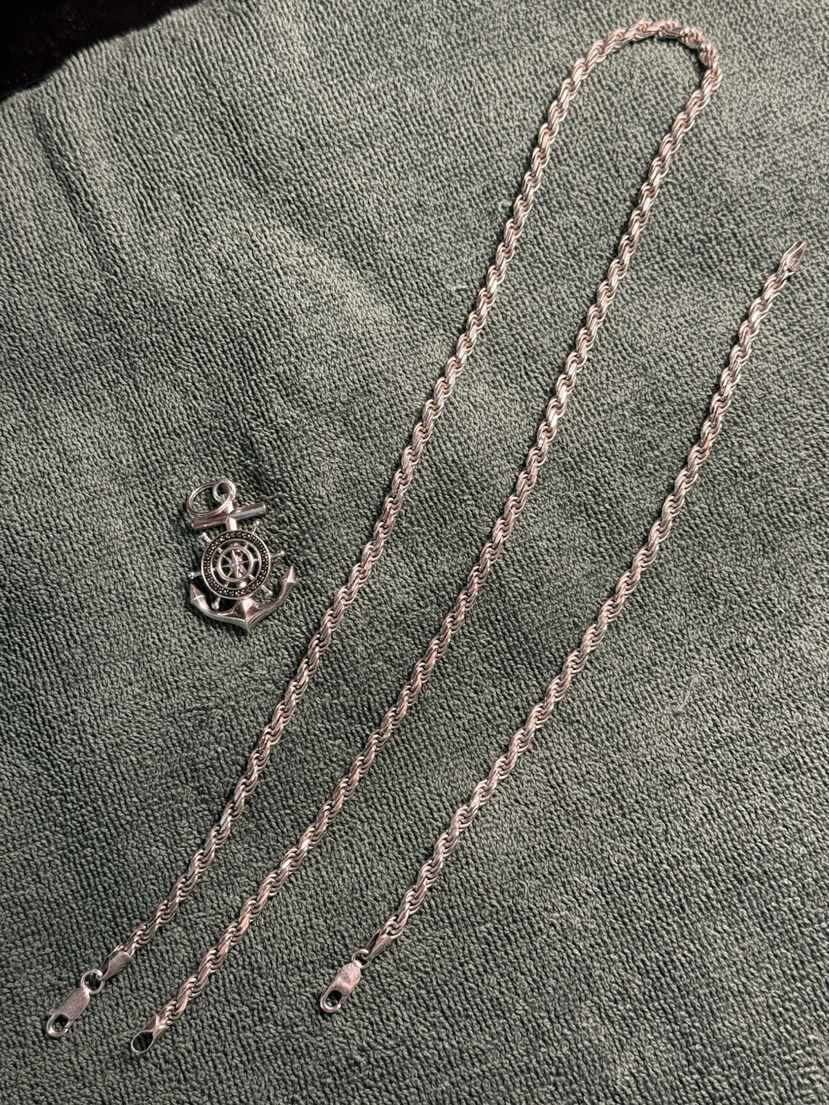 925 Italy Sterling Silver Rope Chain Necklace Anchor Charm Lobster Clasp Signed