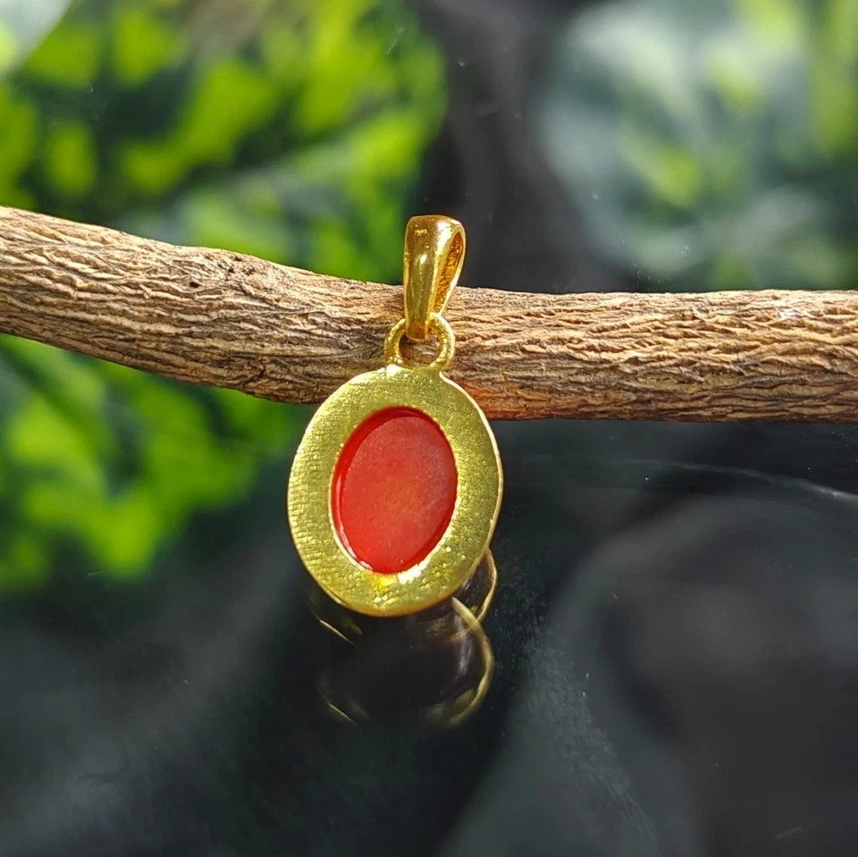 Red Coral Gemstone Pendant, 9x11mm Oval Gold Plated Handmade Fashion Jewelry.