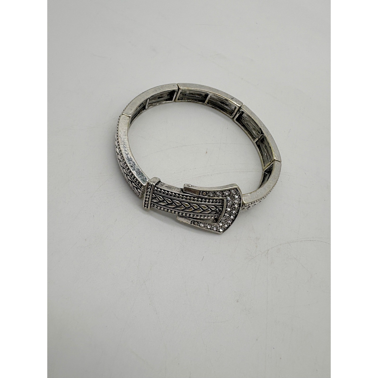 Silver Tone Western Belt Buckle Stretch Bracelet Rhinestone Chevron Pattern