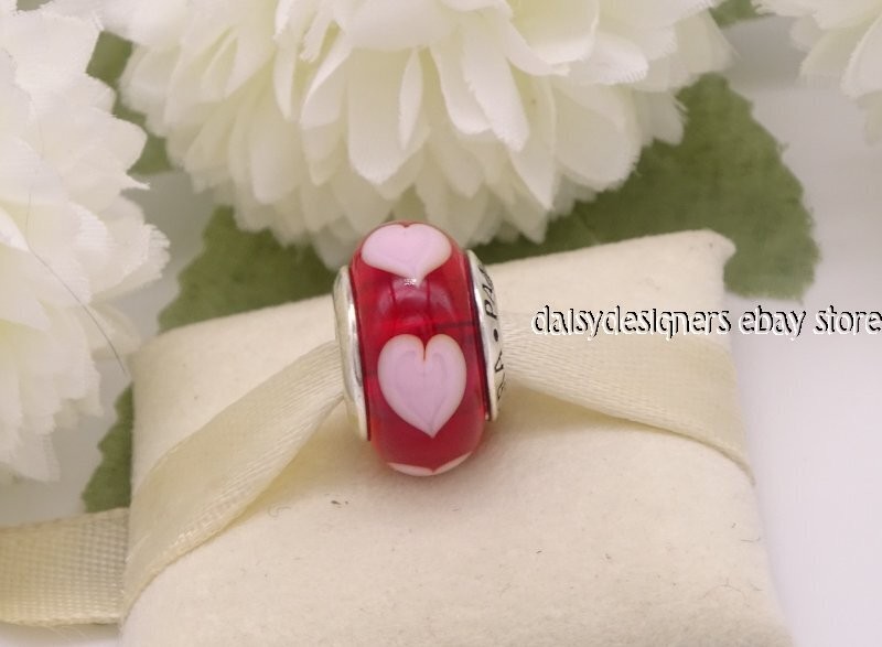 Authentic Pandora Red Pink Hearts Murano Glass Charm 790658 Retired A