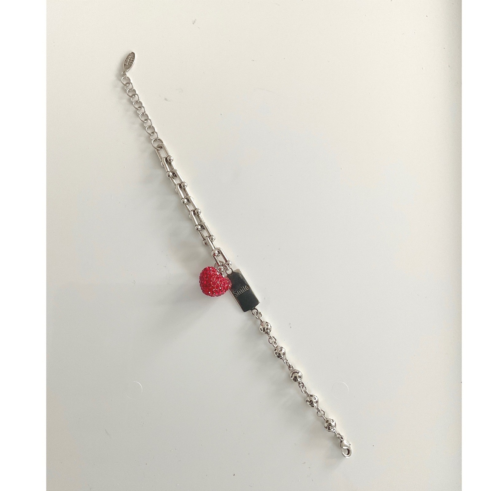 Bracelet Silver Tone Red Heart Rhinestone Smile Lobster Clasp Charm New