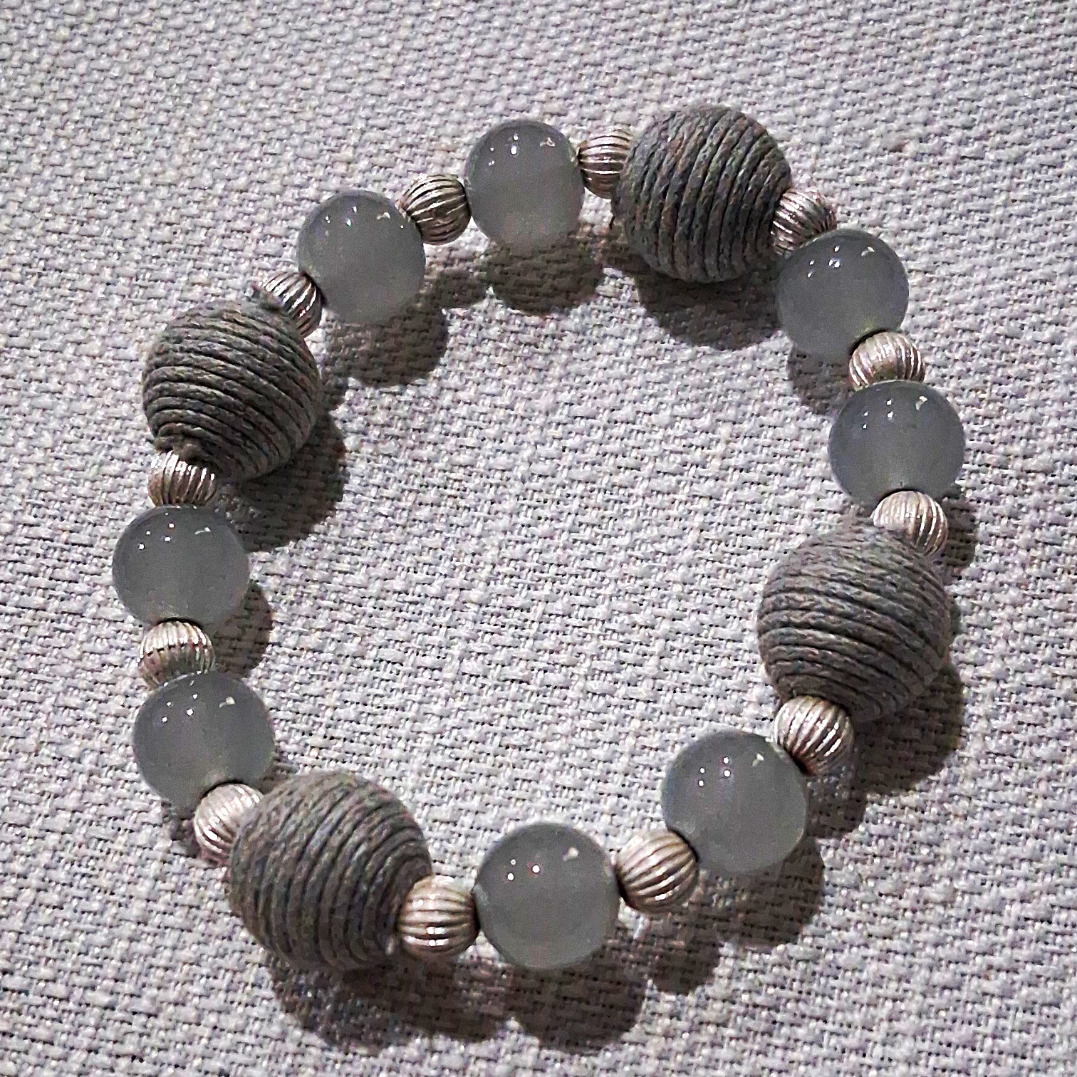 Gray Round Beaded Stretch Bracelet w/ Cord Wrapped Beads, Sizable