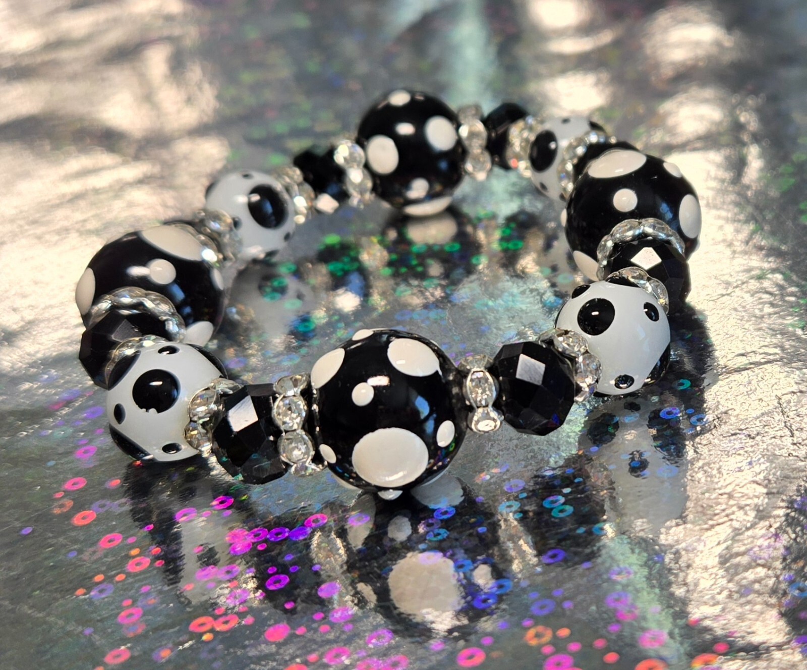 Polka Dot Bracelet Earring set Black Classic Bracelet for Women Beaded Stretch