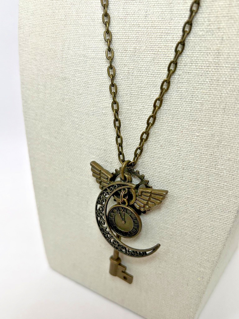Whimsical Steampunk Charm Necklace Key Wing Clock Pendant Long