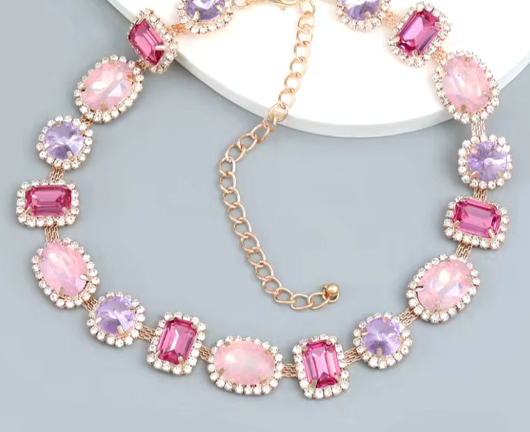 Various GEM Shape Pink Hues Round Oval Square JEWELS Betsey Johnson Necklace
