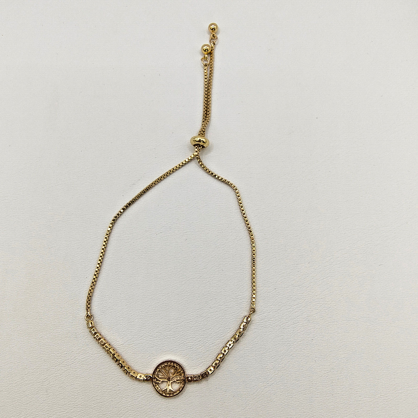Tree of Life Adjustable Bolo Bracelet White Rhinestone Gold Tone Slider Chain