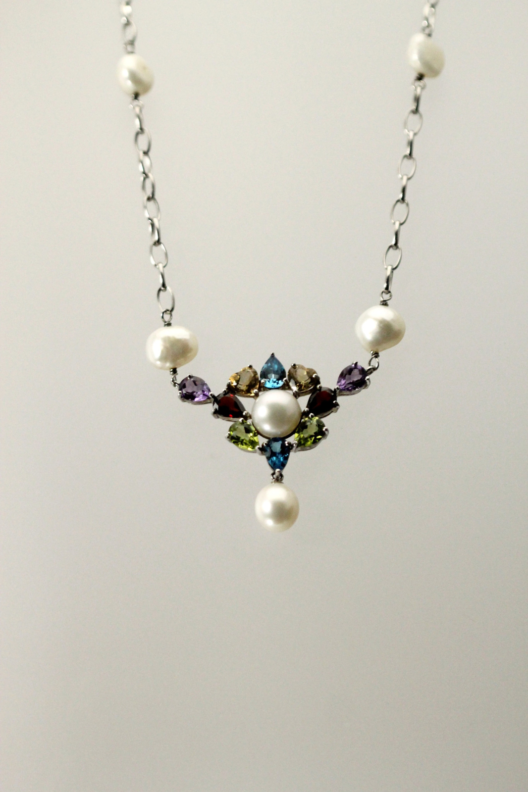 925 Sterling Silver Multi Colored Stones & Pearls 20″ Necklace 17 Grams NEC5402