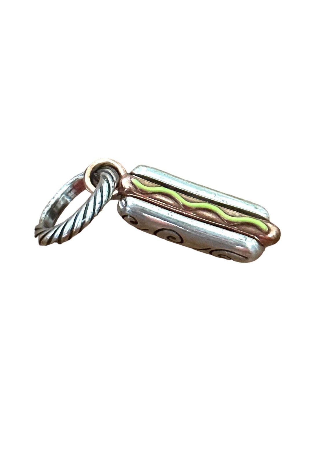 Brighton HOT DOG Charm- silver green copper colors- bun- swirl design