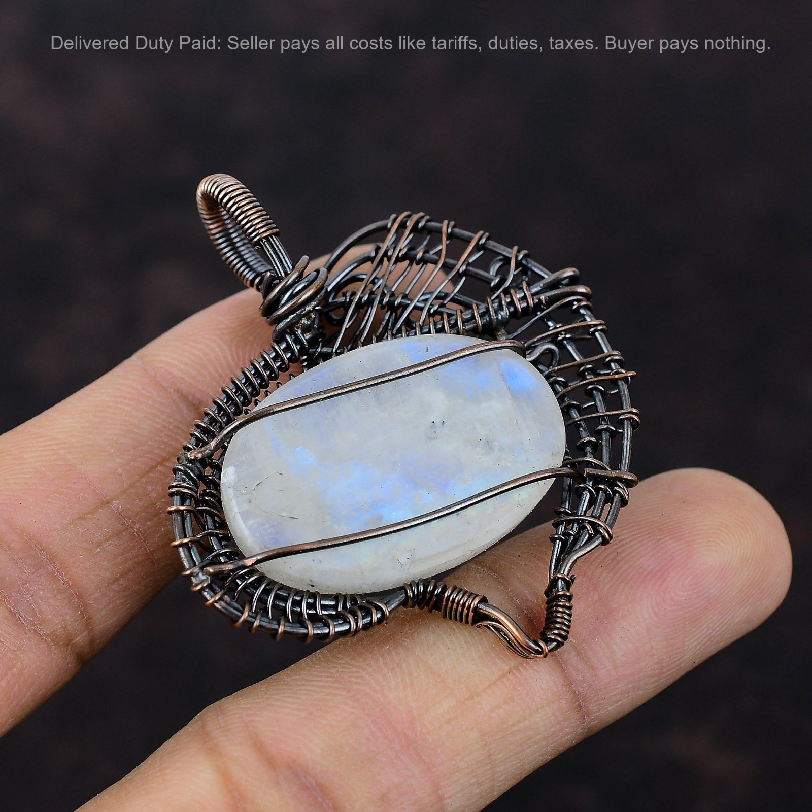 Oval Natural Rainbow Moonstone Sister Boho Handmade Wire Wrapped Pendant Copper