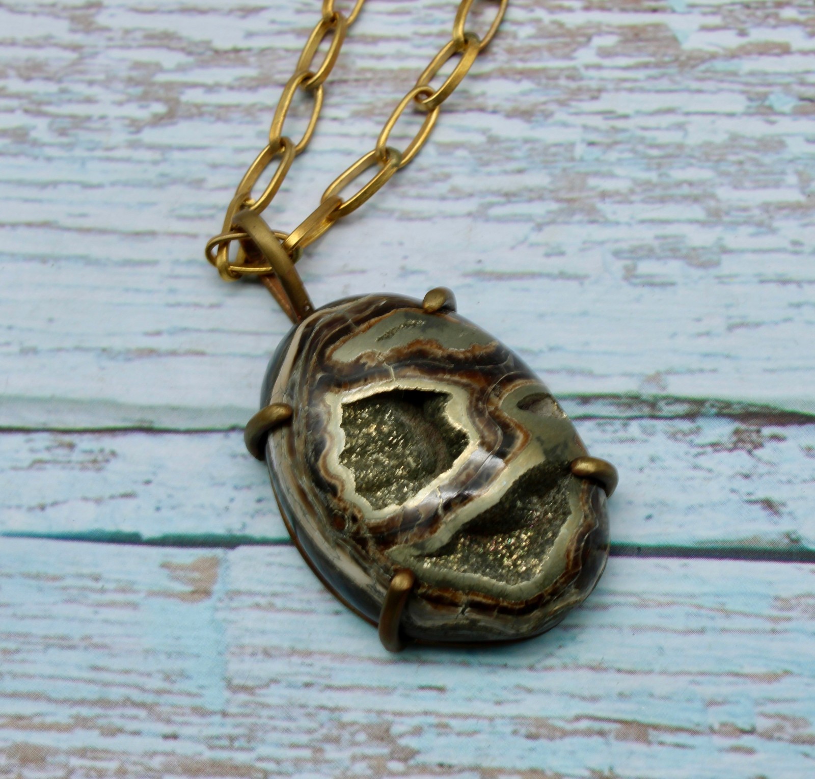 Pyritized Ammonite Necklace Brass Pendant 32″ Chain Large Fossil