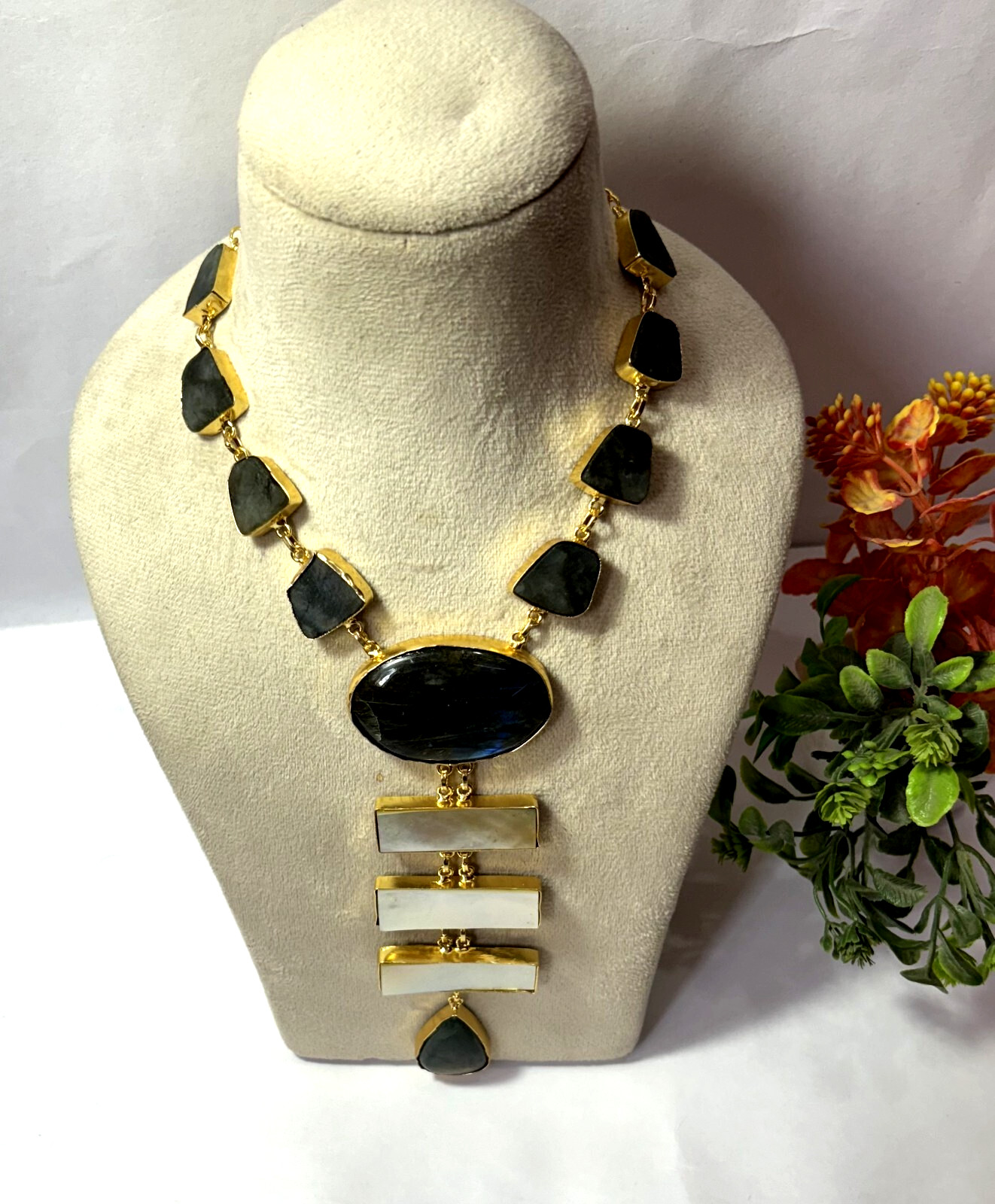 Natural Labouredite Rough Stone And mop Gemstone Necklace Gift For Her.