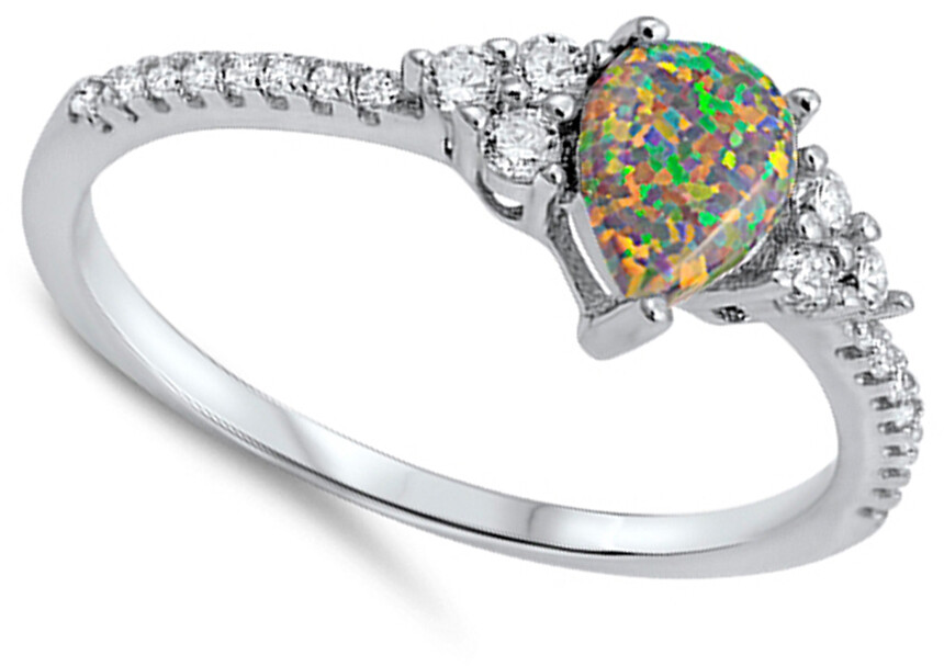 Teardrop Mystic Lab Opal Micro Pave Ring Dainty Sterling Silver Band Sizes 4-10