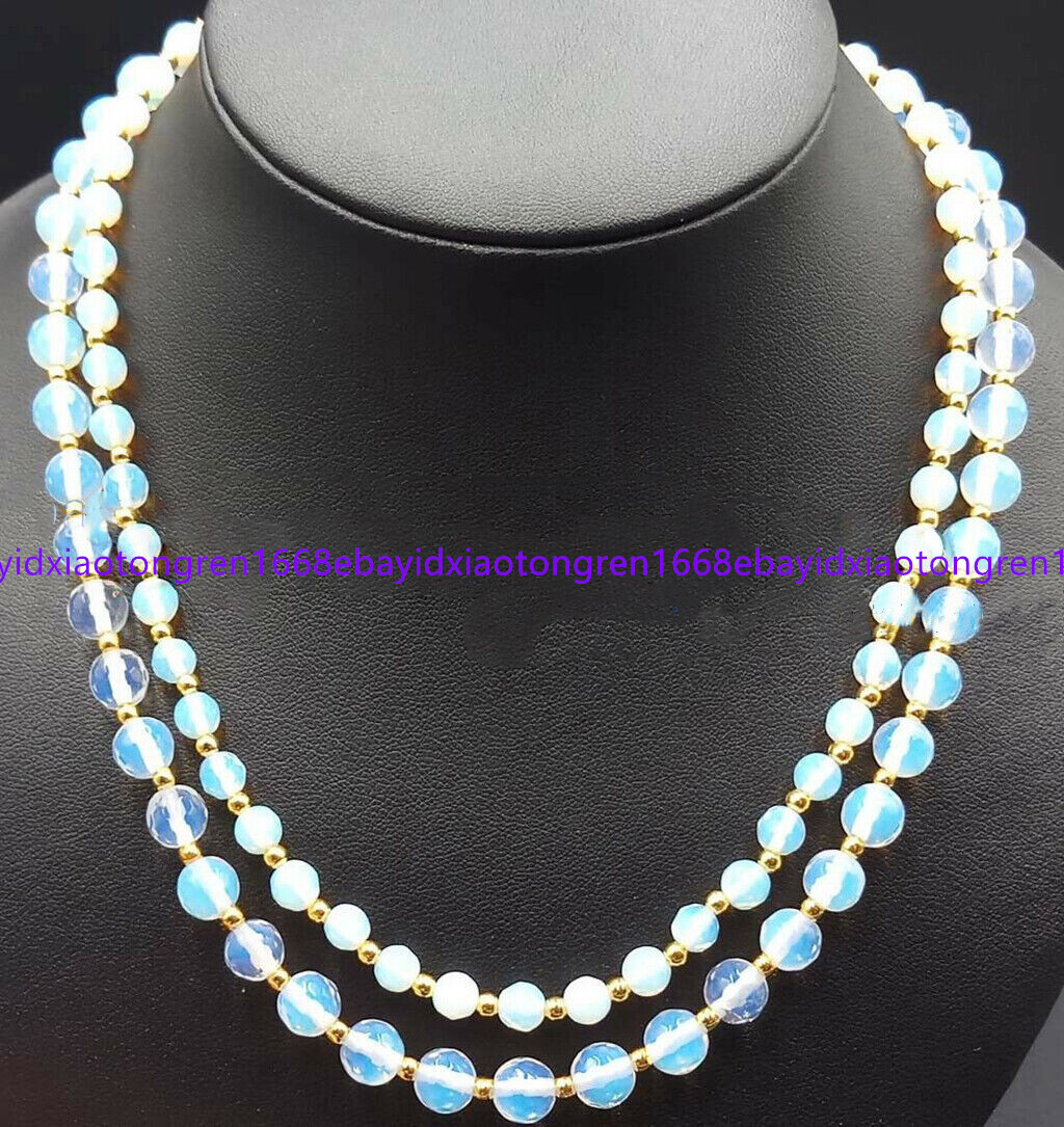 2 Rows Faceted 6mm 8mm White Moonstone Round Gemstone Beads Necklace 17-18 in