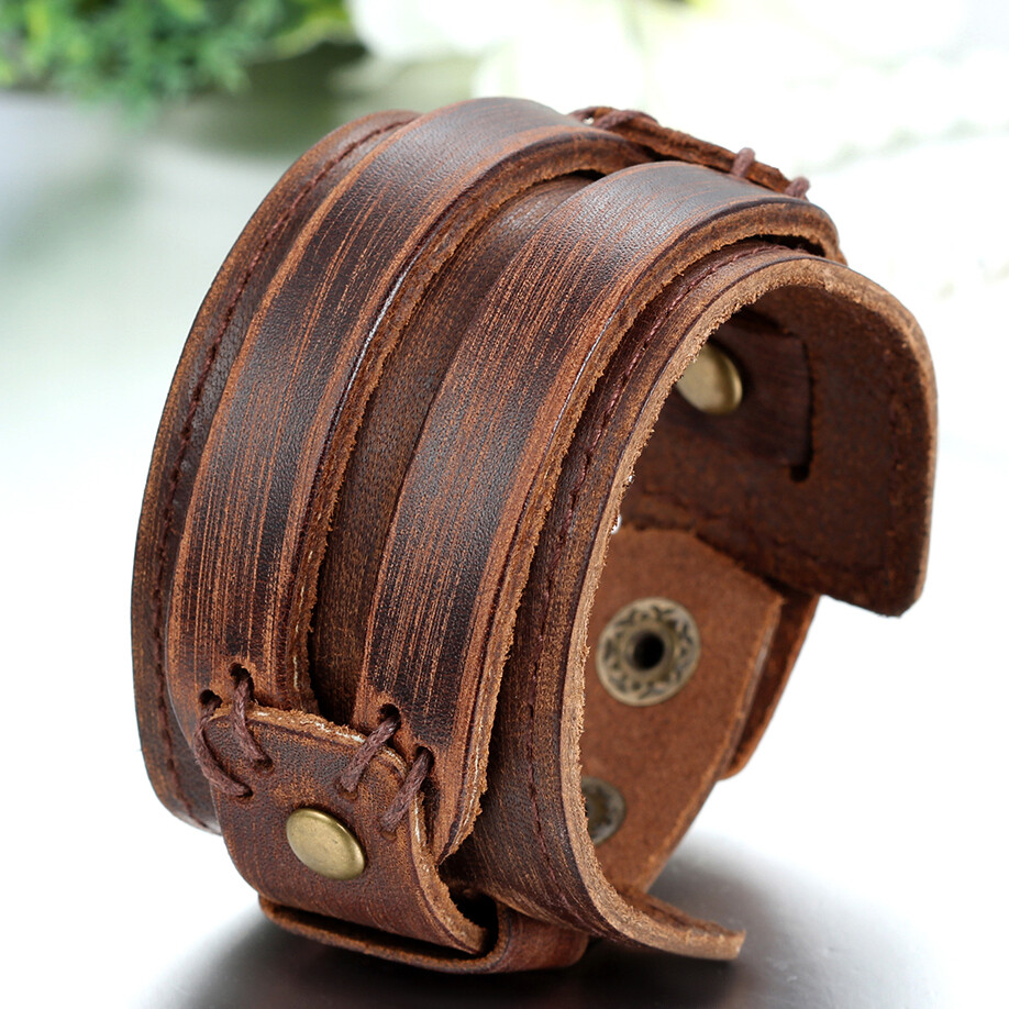 Wide Genuine Leather Bangle Cuff Bracelet Mens Womens Wristand Black / Brown