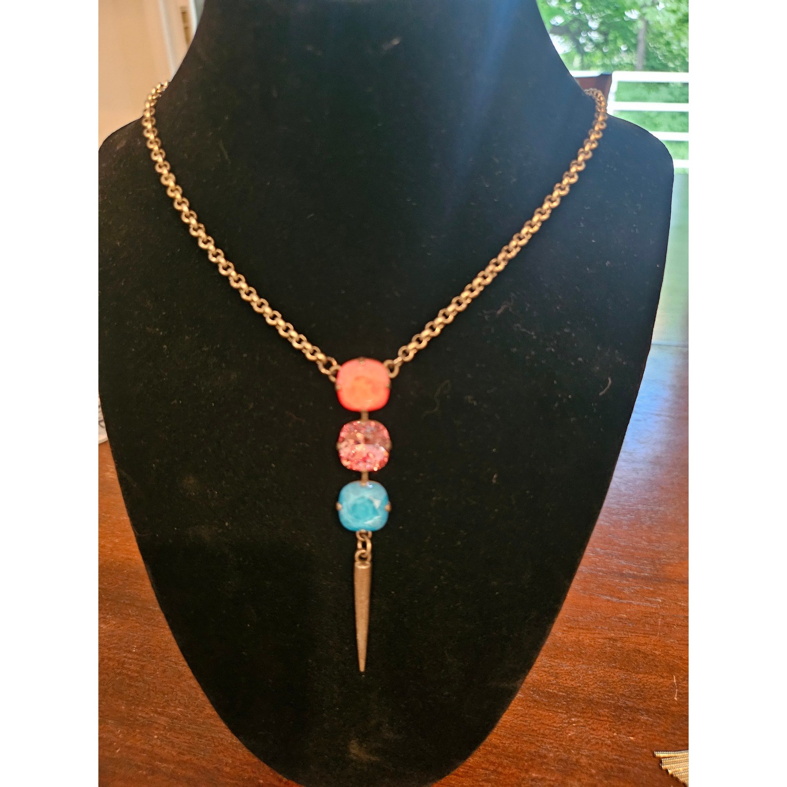 RMD Pendant Necklace Women OS Multicolor Crystal Spike Drop Brass Tone Chain