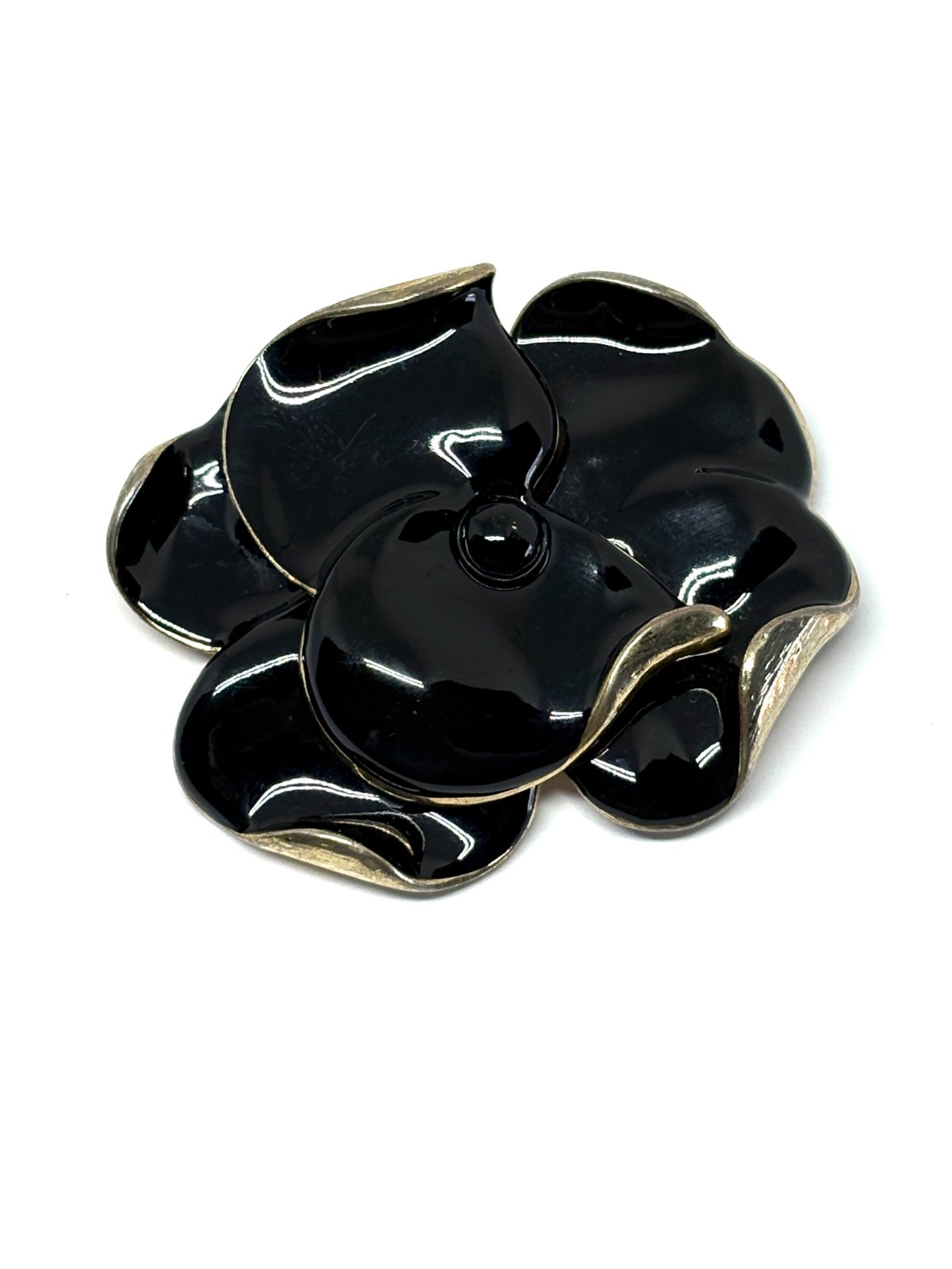Large Black Enamel Gold Tone Flower Floral Camellia Pendant