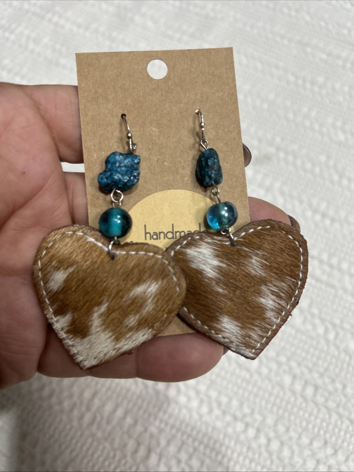 Faux Cowhide & Turquoise Dangle Earrings Handmade 2.5” Heart Nickle Free New