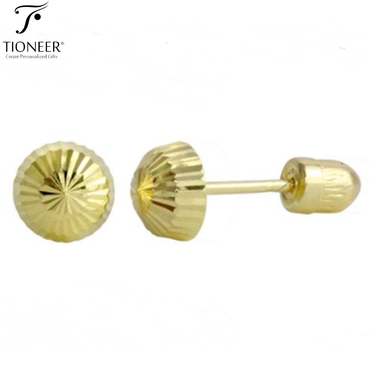 Round Shape 14k Gold Carved Faceted 5.5MM Charm Dainty Screw Back Stud Earrings