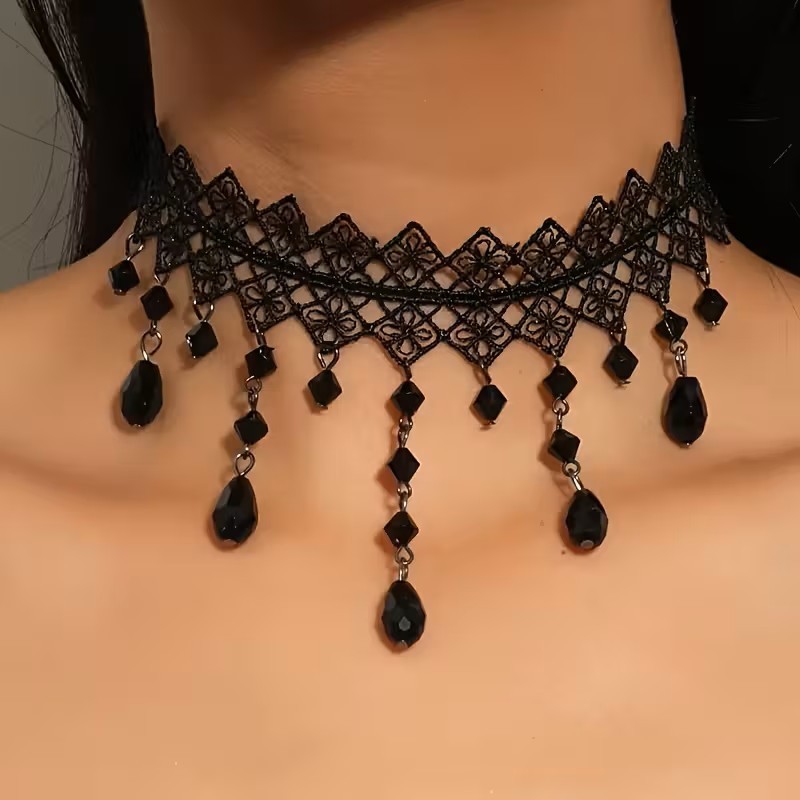 Black Gothic Lace Choker Necklace Victorian Beaded Dangle Bib Collar Punk