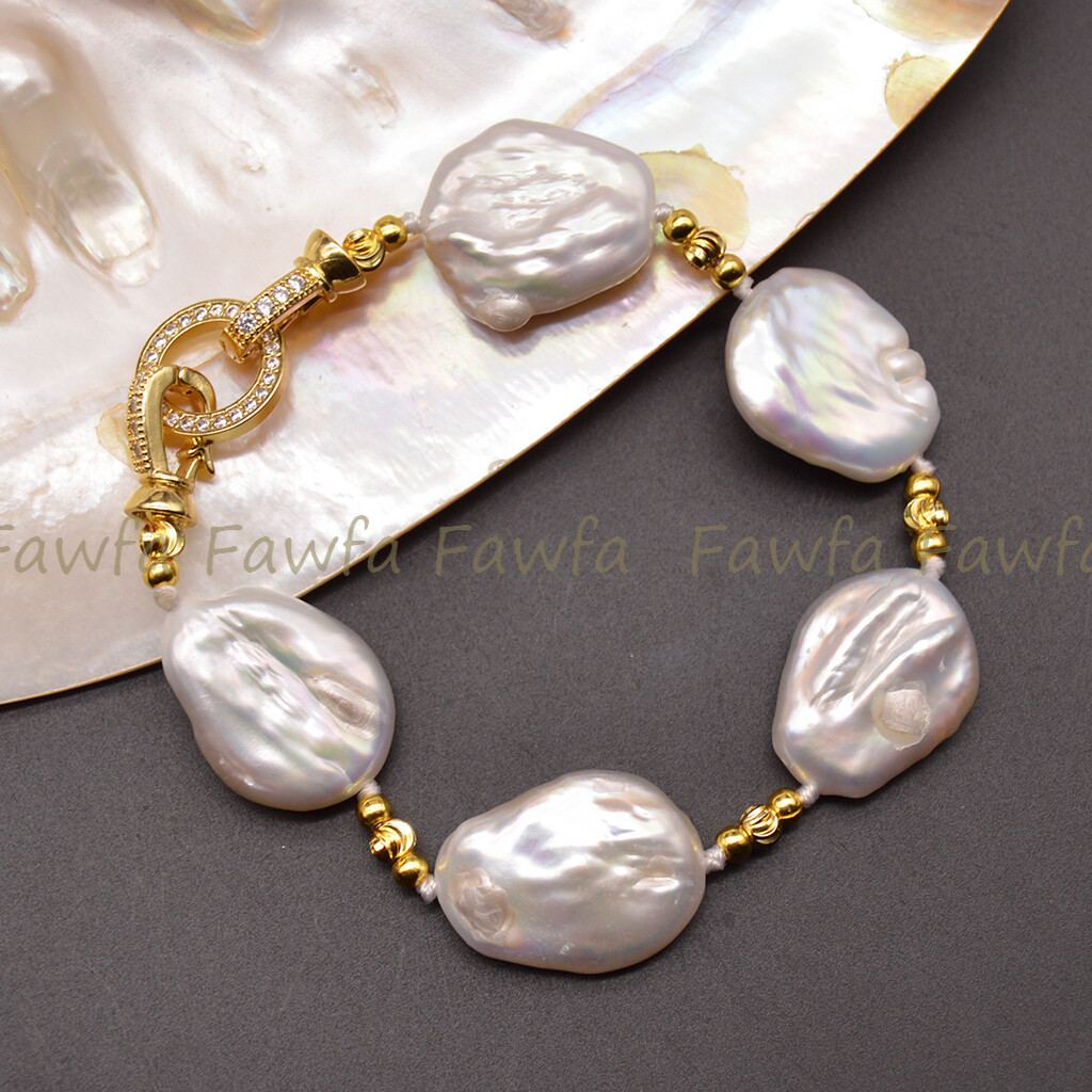 17-22mm Huge Real Natural White South Sea Flat Baroque Pearl Bracelet 7.5 inches