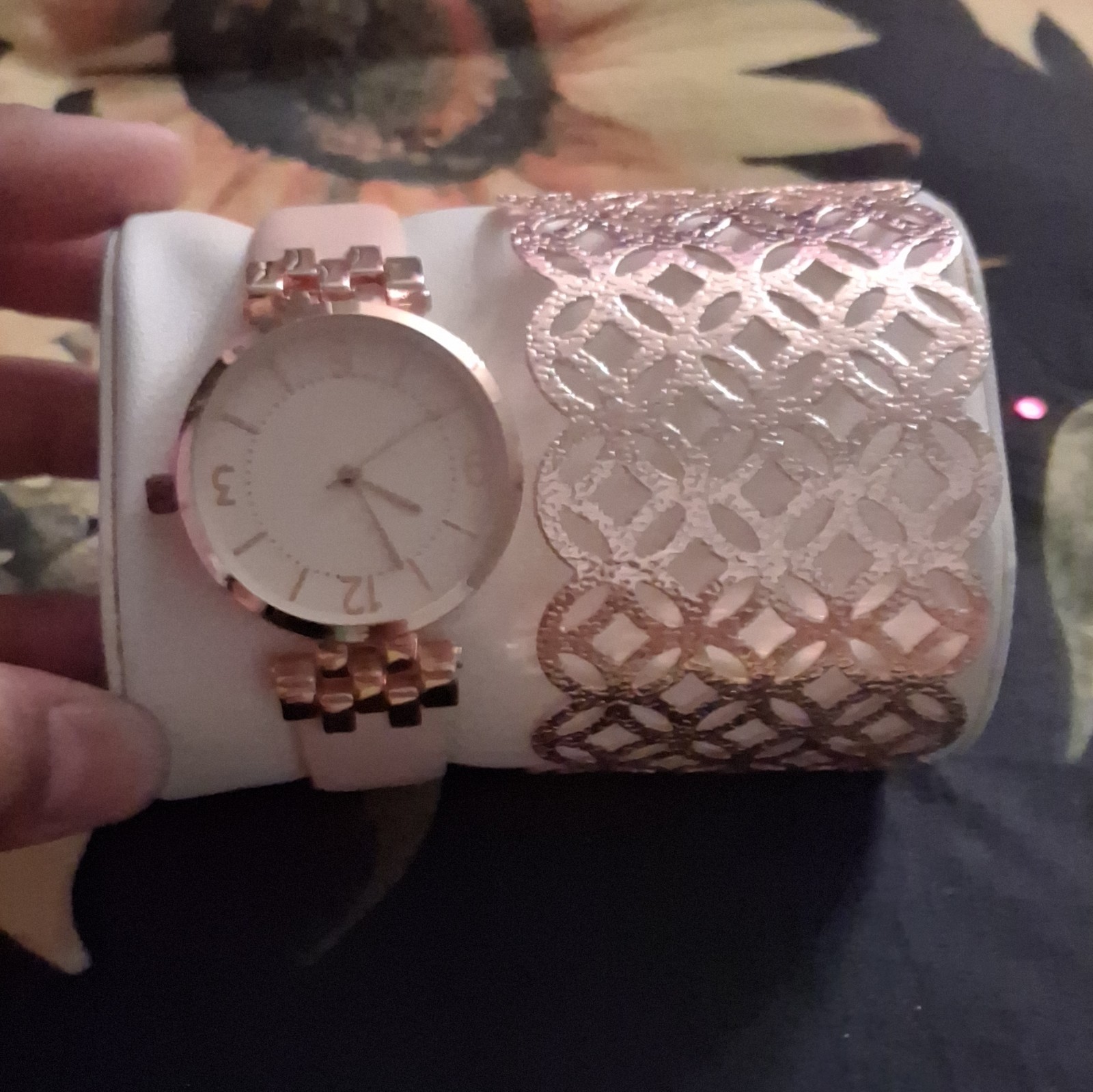 Rose Gold Tone Geometric Lattice Cutout Wide Metal Cuff Bracelet
