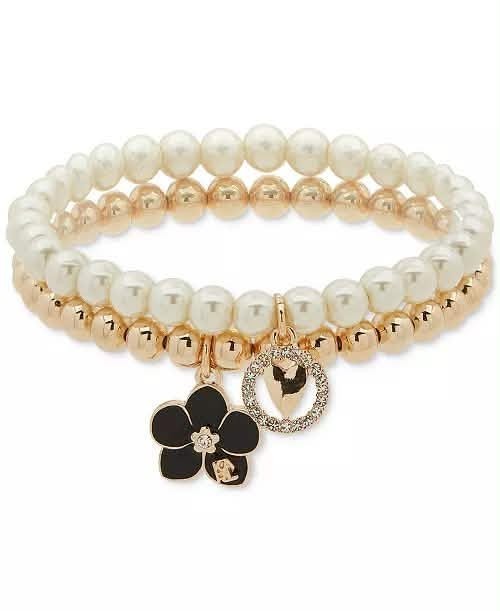 KARL LAGERFELD PARIS 2-Pc. Set Orchid Charm Beaded Stretch Bracelets – NIB