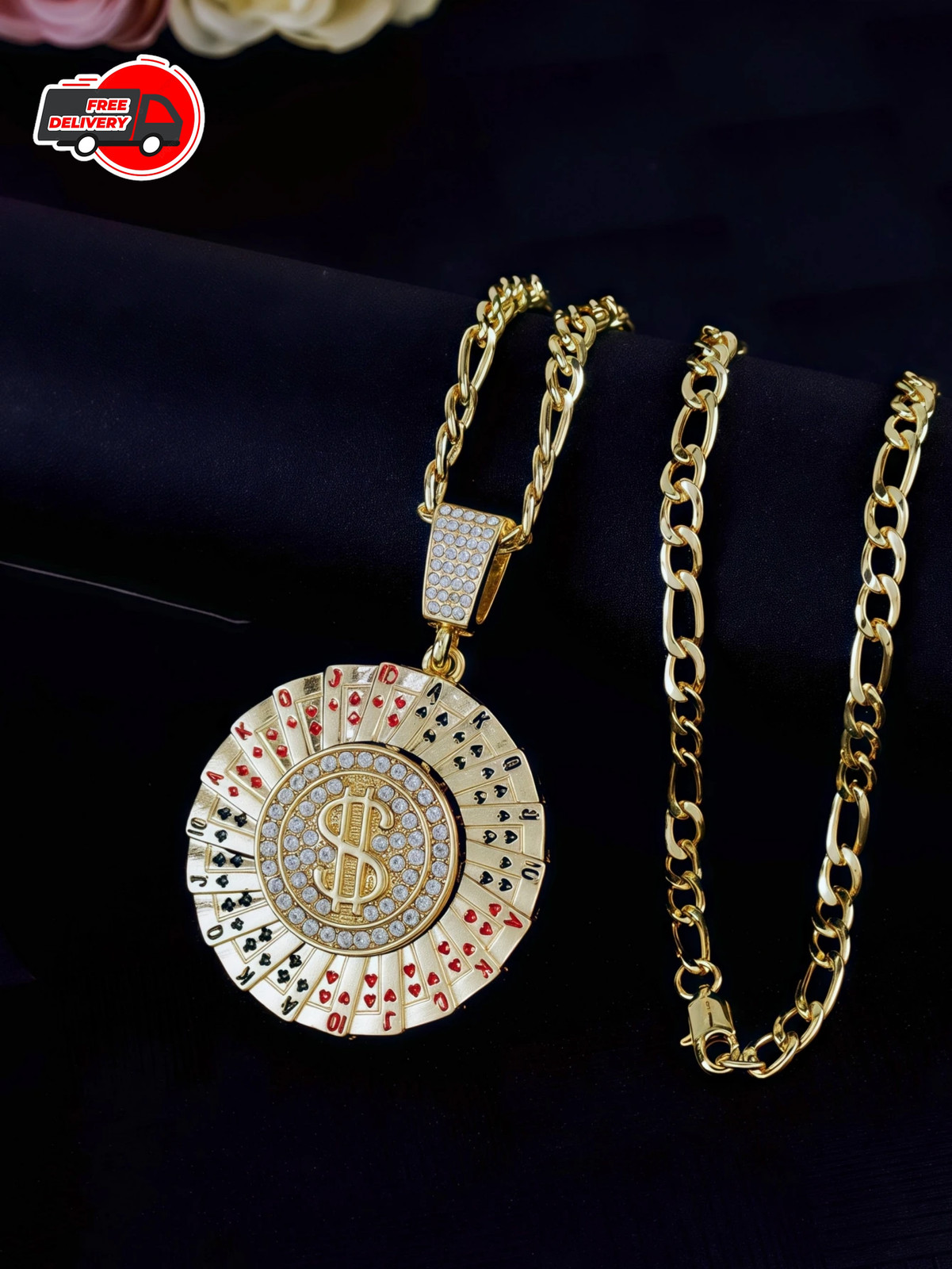 Gold Roulette Spinning Center /Casino Poker Cards Pendant Necklace Cuban Chain