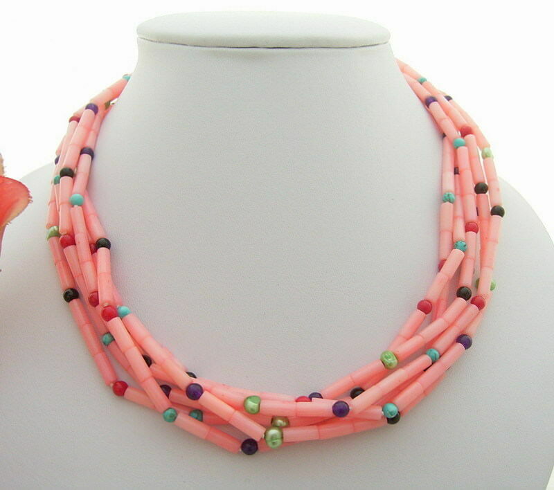 6 Strands Pearl Pink Coral Turquoise Jade NecklaceTorsade necklace lady jewelry
