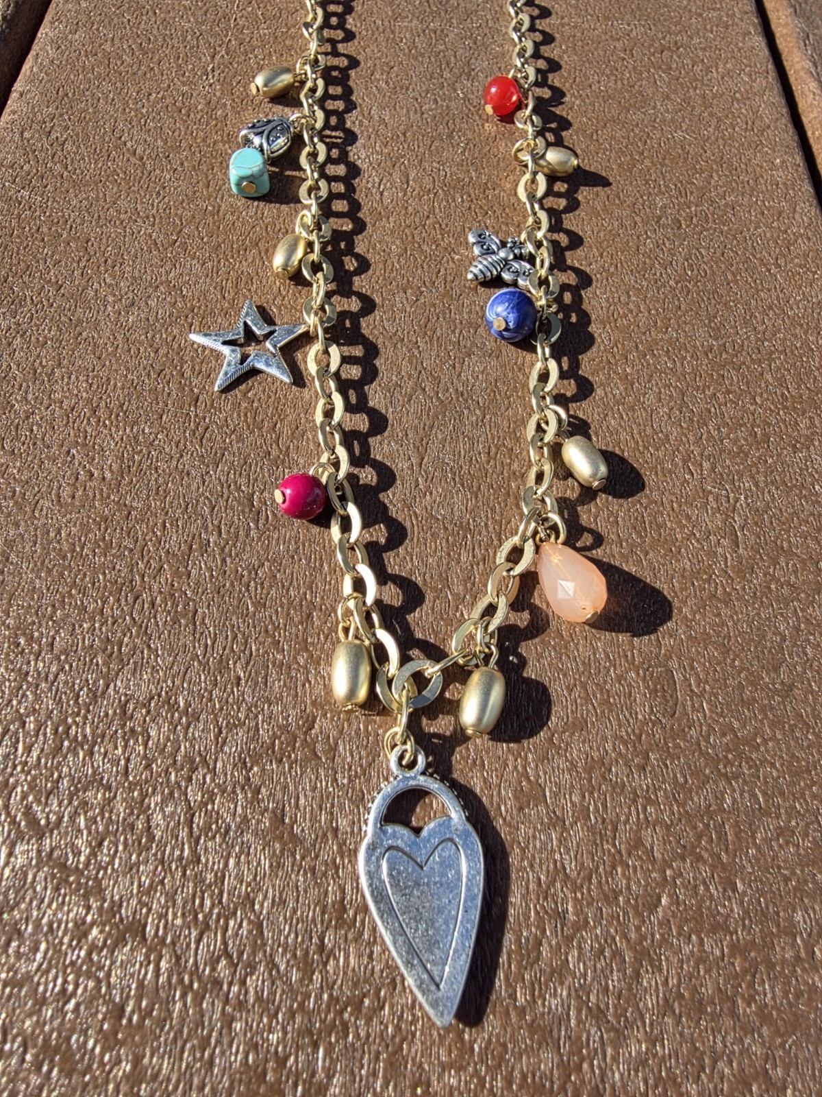 CHICOS Gold Tone Chain Necklace Varied Charms Heart 34″ Long New
